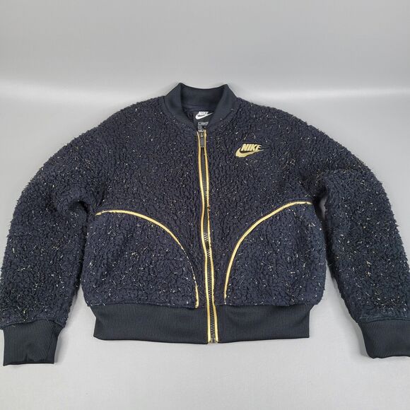 Nike Girls Bomber Jacket Size Small Loose Fit Full Zip Black Gold Faux Fur - Picture 3 of 12